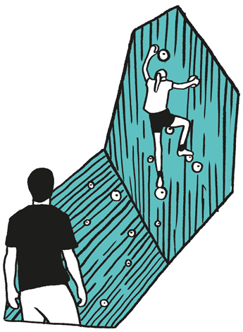 Hier gilt die Aufsichtspflicht - Icon zeigt eine erwachsene Person vor einer Boulderwand, wo ein Kind bouldert