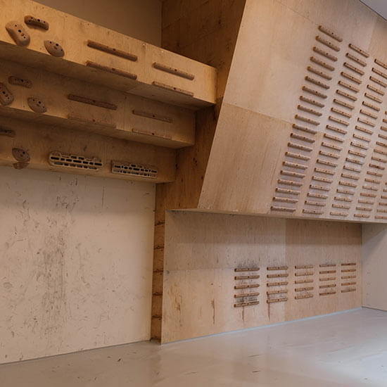 Holzfarbene Trainingswand mit Campusboard und verschiedenen Hangboards für Fingertraining im Stuntwerk. Minimalistisches Design mit klarer Struktur für Kraftaufbau