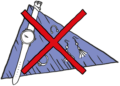 Kein Schmuck erlaubt - Icon, auf dem Uhren, Ohrringe und Ringe durchgestrichen sind