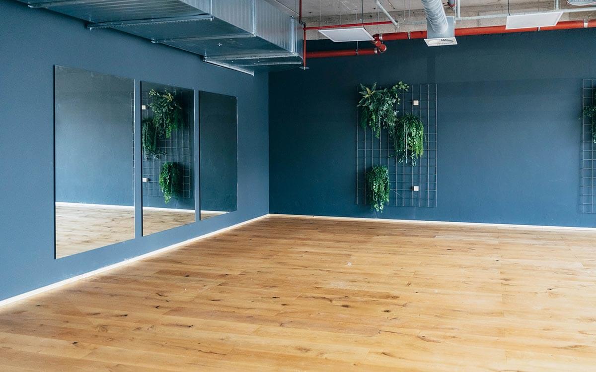 Heller Yoga- und Kursraum im Stuntwerk Troisdorf mit Holzfußboden, blaugrauen Wänden, großen Spiegeln und grünen Pflanzen an Gitterwänden. Ruhige Atmosphäre für Bewegung und Entspannung.
